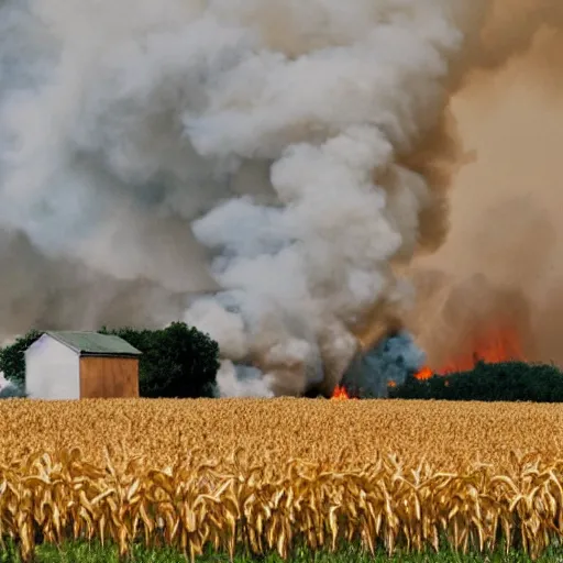 Image similar to a small vintage farm on fire in a corn field