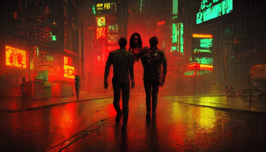 Prompt: highly detailed, a man carries the body of a bloody girl in his arms, cyberpunk, rain, night, cyberpunk futuristic neon, detailed and intricate environment