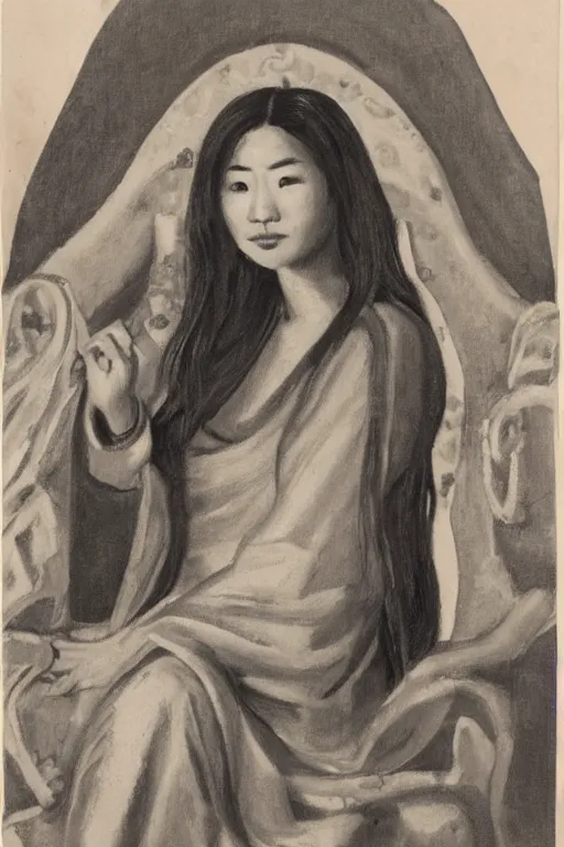 Image similar to portrait by tara phillips of a beautiful young asian woman with shoulder length hair and strong facial bone structure, queen and ruler of the universe, sitting on her throne, men kneeling at her feet