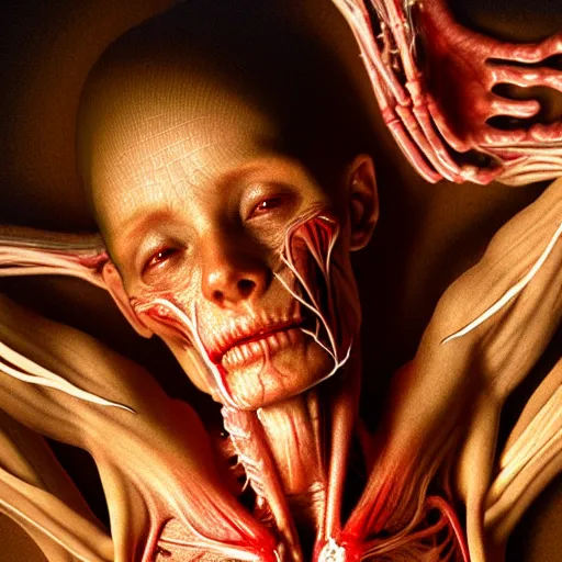 Image similar to female Human with translucent skin, visible muscles and veins and arteries and bones and spine and nerves, beautiful detailed intricate insanely detailed octane render, 8K artistic photography, photorealistic, chiaroscuro, by David Cronenberg, Raphael, Caravaggio