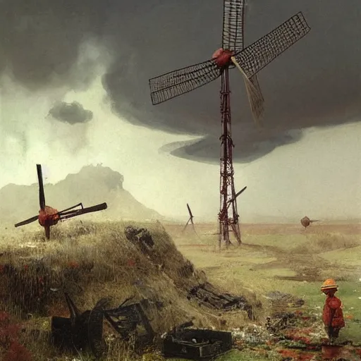 Prompt: Tang Chinese Aztec peasant clothing, muddy craters, broken windmill, strange spiral clouds, garbage blowing in the wind, low, greasy fires, sullen resentment, slice-of-life World War I 1970s retrofuturism, painting by Rembrandt and Jakub Rozalski