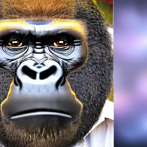 Prompt: gorilla with joe rogan's face