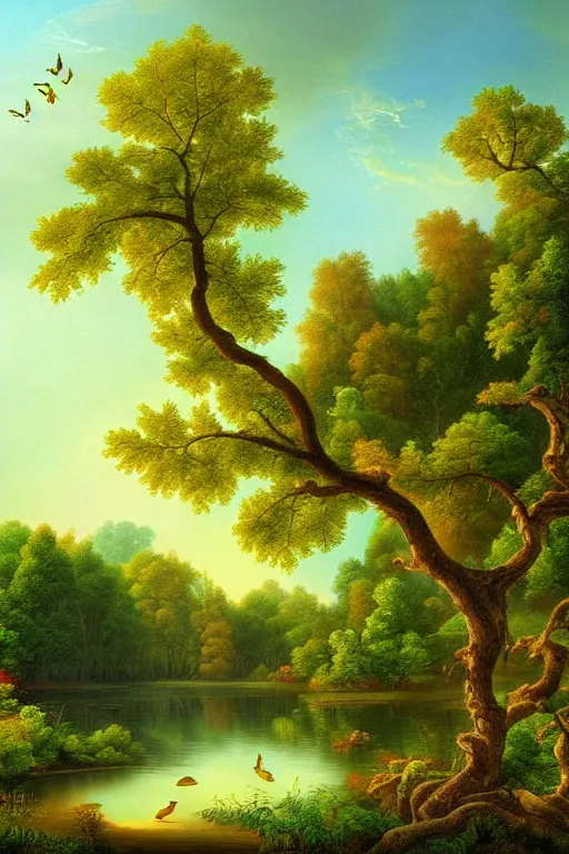 Image similar to forest with twisting fantasy tress and pond with birds, Digital Matte Illustration by asher brown durand