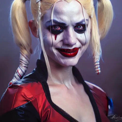 Image similar to portrait painting of harley quinn, ultra realistic, concept art, intricate details, eerie, highly detailed, photorealistic, octane render, 8 k, unreal engine. art by artgerm and greg rutkowski and charlie bowater and magali villeneuve and alphonse mucha