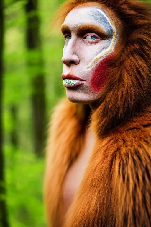 Image similar to a professional portrait photo of a neanderthal woman forest, face paint, ginger hair and fur, extremely high fidelity, natural lighting, national geographic magazine cover.