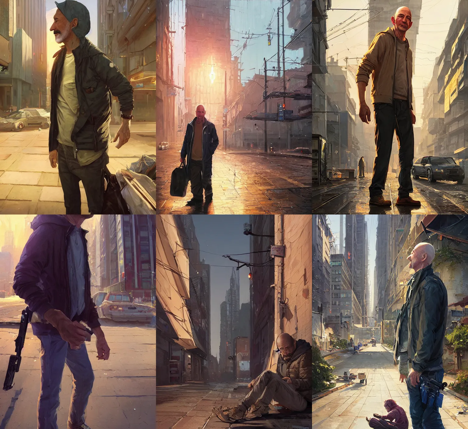 Prompt: highly detailed vanishing - point portrait of homeless jeff bezos, in gta v, stephen bliss, unreal engine, fantasy art by greg rutkowski, loish, rhads, ferdinand knab, makoto shinkai and lois van baarle, ilya kuvshinov, rossdraws, tom bagshaw, global illumination, radiant light, detailed and intricate environment