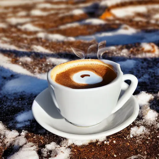 Image similar to cup of coffee steaming in the snow, 4k HD award winning photograph, golden hour, close up