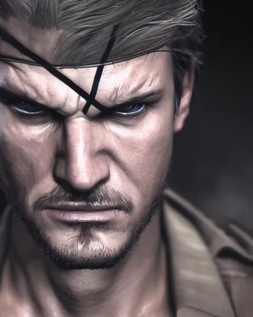 Prompt: solid snake portrait, cinematic lighting, anguished depressed facial expression, black atmospheric background, 4 k photography hdr