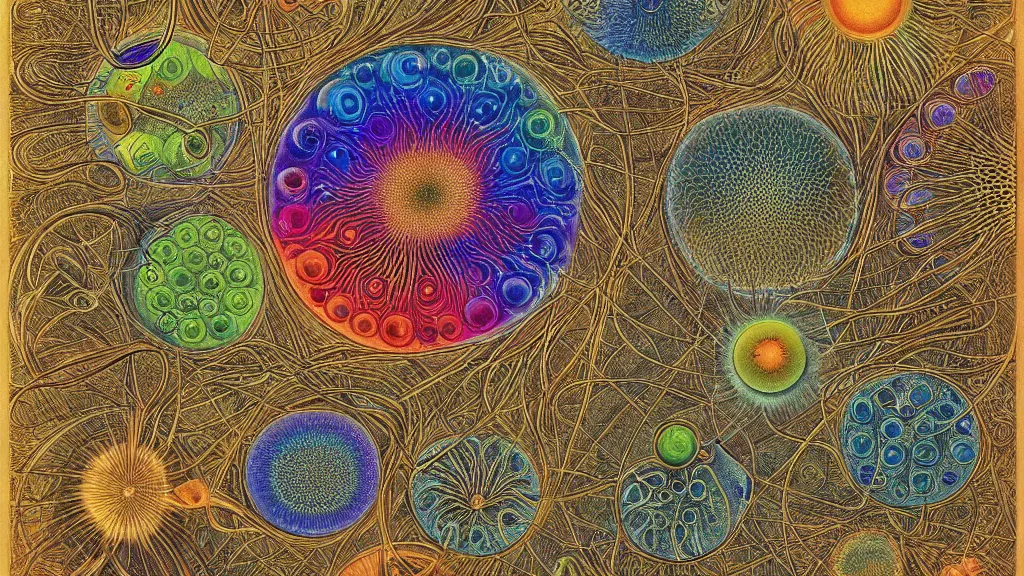 Image similar to quantum connections represented as symbiotic organisms like cells playing around with colorful lights by ernst haeckel