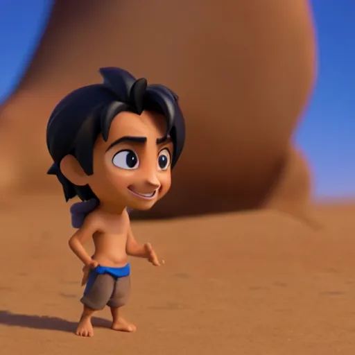 Image similar to profile view of young aladdin as nendoroid walking in a desert in the croods movie style, wearing typical clothes, 8 k, hd, dof, kodak film, volumetric lighting, bright backlit, subsurface scattering, photorealistic, octane render