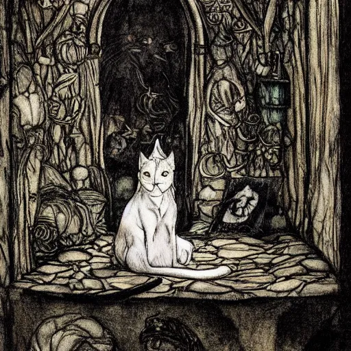 Prompt: cat from the void, illustrations by irish fairy tales james stephens arthur rackham, fairy tale illustrations, colour, top cinematic lighting , cinematic mood, very detailed, shot in canon,