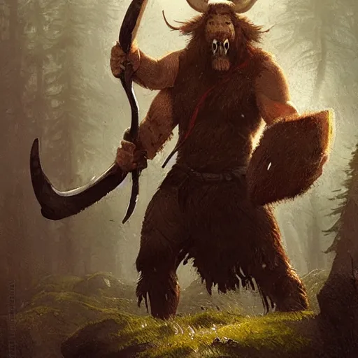 Image similar to hairy barbarian with head of moose by greg rutkowski