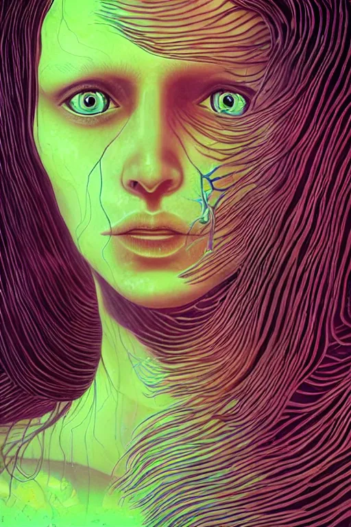 Image similar to dark underwater portrait of a Bioluminescent woman, with reaction diffusion semi-transparent skin. face closeup. long intricate dark hair, with jellyfish. very high detail, illustration, by alex grey and Ilya Kuvshinov