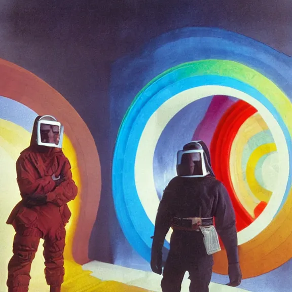 Prompt: two time generals wearing flight masks and red rick owens flight suits inside the glowing geometric rainbow portal to the sixth dimension by frank frazetta