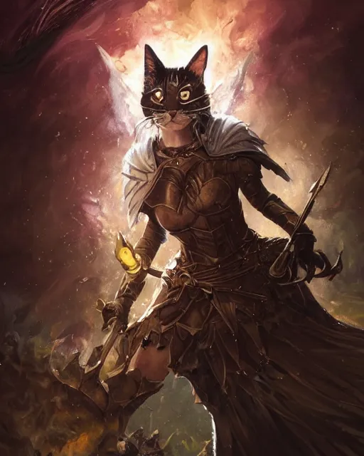 Image similar to Cat witch armor, portrait, casting epic spell, magic the gathering artwork, D&D, fantasy, cinematic lighting, centered, symmetrical, highly detailed, digital painting, artstation, concept art, smooth, sharp focus, illustration, volumetric lighting, epic Composition, 8k, art by Akihiko Yoshida and Greg Rutkowski and Craig Mullins, oil painting, cgsociety