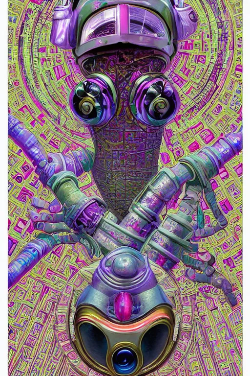 Image similar to a detailed portrait of a fashionable cyberpunk egyptian mayan deity aliens extraterrestrial wearing an ornate cyberdelic gas mask in the style of escher and william blake and stephen gammell and lisa frank in the style of adorable dark fantasy, fantasy, surrealism, crisp, award winning art, vivid colors, cmyk color scheme, low contrast, tilt shift, 8 k