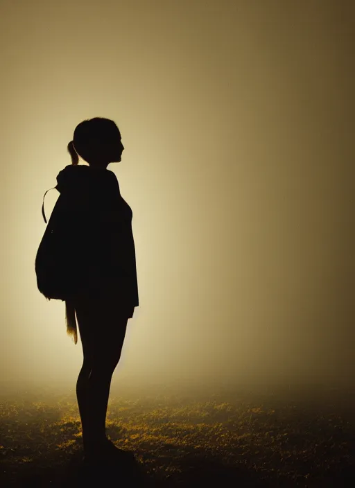 Image similar to a female silhouette, bright glowing translucent aura, fog, film grain, cinematic lighting