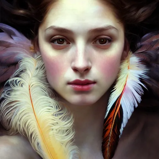 Image similar to portrait of a girl with feathers on her face, face, fantasy, intricate, elegant, dramatic lighting, highly detailed, lifelike, photorealistic, digital painting, artstation, concept art, smooth, sharp focus, illustration, art by John Collier and Krenz Cushart and Artem Demura and Alphonse Mucha and and Albert Aublet