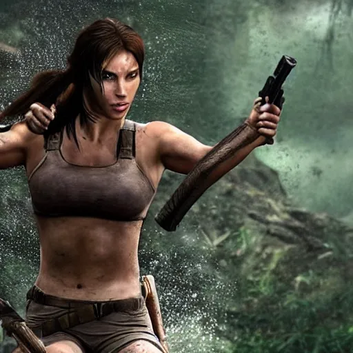 Prompt: film scene muscular lara croft emerges from the river water, her face is covered with mud, part of the body is still in the river