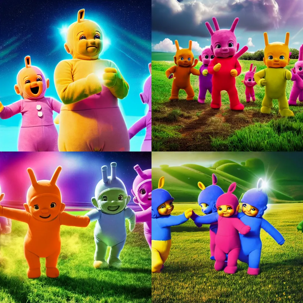 Prompt: Teletubbies wrestling in an open field. Combat sports photography. 8k, 4k, artstation high quality, bright lighting