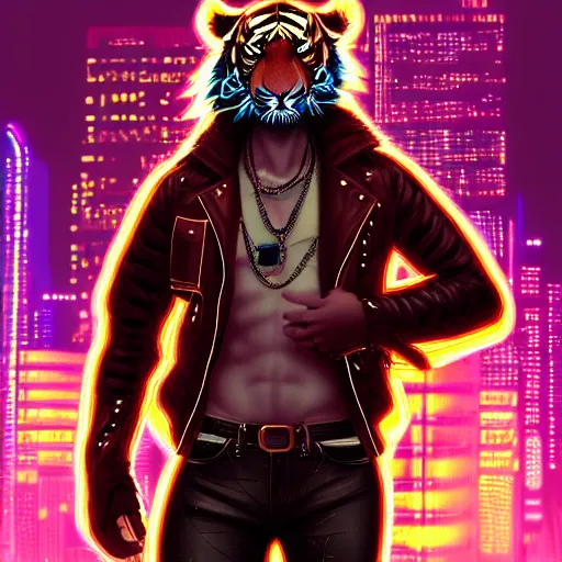 Image similar to a beautfiul award winning commission portrait of an anthro tiger in the neon cyberpunk city at night,wearing a leather jacket,glow effect,detailed face,photorealistic,character design by charles bowater,ross tran,deviantart,artstation,digital art,hyperdetailed,realistoc,western comic style,vfx,dramatic