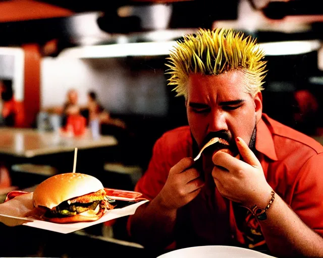 Prompt: dramatic color photo of guy fieri eating a burger, detailed and creepy, by william eggleston, fujifilm velvia 5 0, color photography, sigma 2 8 mm