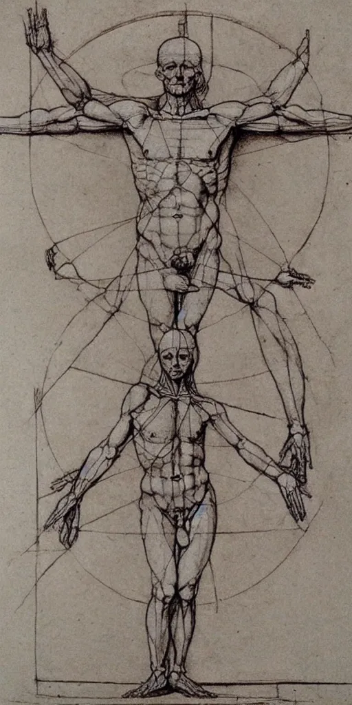 Image similar to full body anatomy sketch by Leonardo da Vinci, the vitruvian man style, highly detailed, asymmetrical