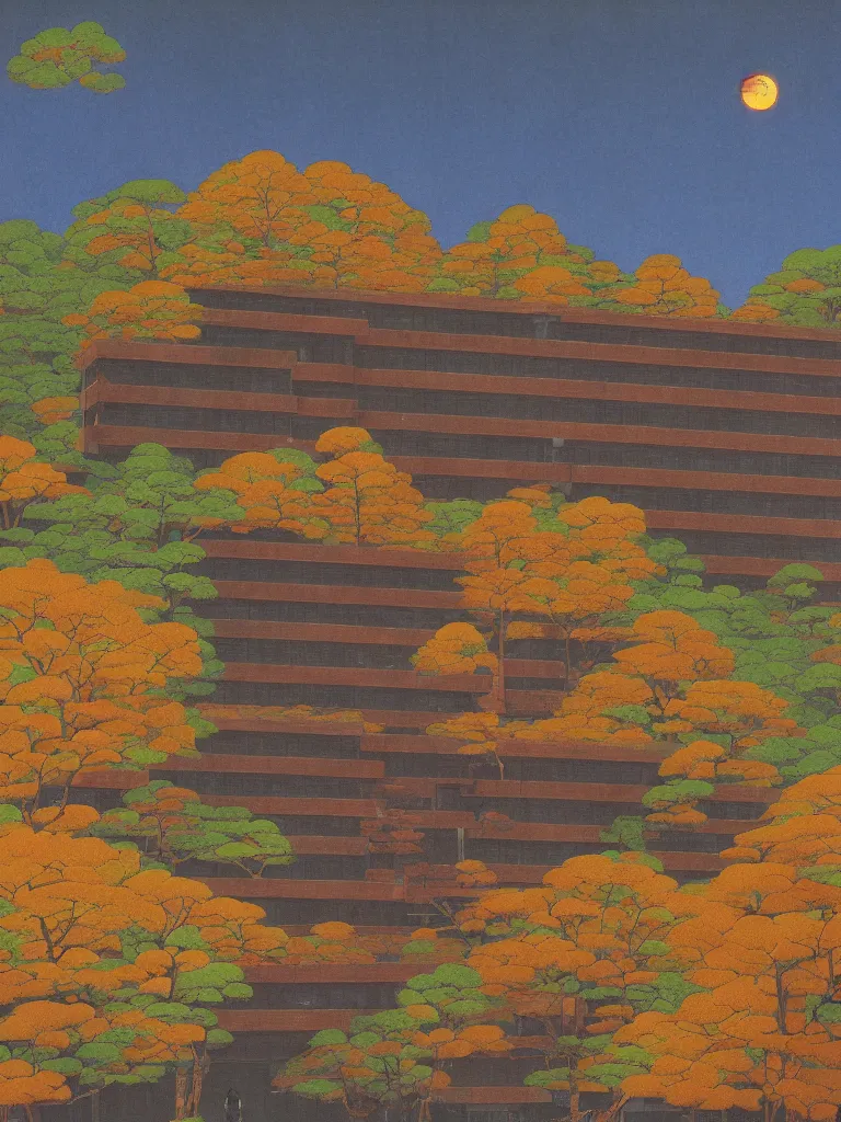 Image similar to a psychedelic hallucination of a brutalist hotel in the autumn mountains, by kawase hasui, moebius, edward hopper, colorful flat surreal design, dramatic lighting, hd, 8 k, artstation