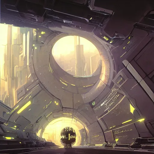 Image similar to derelict portal in a middle of a futuristic cityscape, world seen only through a portal, daylight, cinematic perspective, cinematic lighting, blue sky, syd mead, john harris