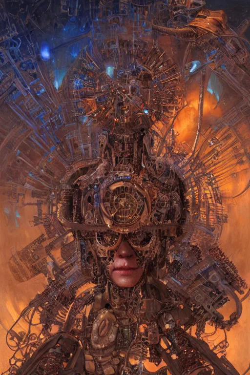 Image similar to a centered photo of a post apocalyptic tribal cyborg playing synthesizers in the most complicated fractal and technical musical studio, powerful, cinematic, beautifully lit, by donato giancola, by artgerm, by karol bak, 3 d, perfect face and body, trending on artstation, octane render, 8 k