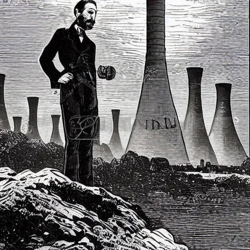 Image similar to 19th century wood-engraving of a man looking at a nuclear powerplant in the background, whole page illustration from Jules Verne book, art by Édouard Riou Jules Férat and Henri de Montaut, high quality, beautiful