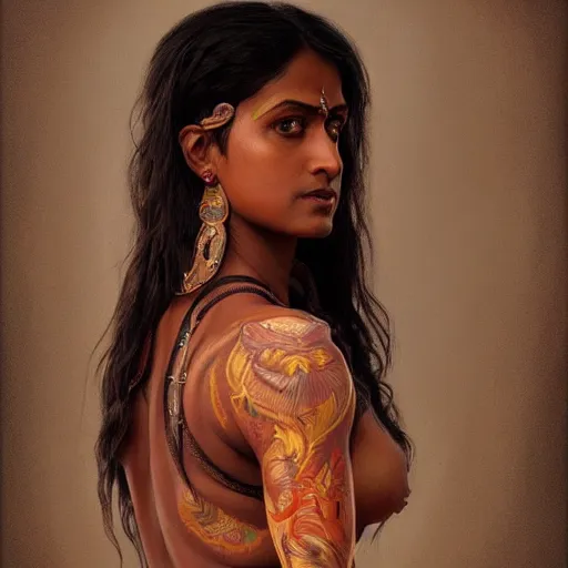 Prompt: painting of dark muscular oiled indian woman back, ultra realistic, concept art, intricate details, eerie, highly detailed, photorealistic, octane render, 8 k, unreal engine. art by artgerm and greg rutkowski and alphonse mucha