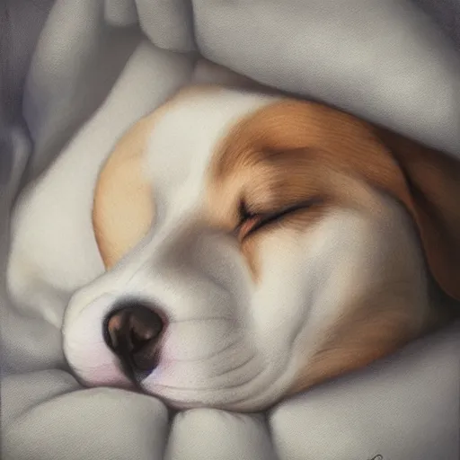 Prompt: a sleepy puppy in bed, resting on a pillow, Sigma 50mm f/1.4, painting by Tom Bagshaw