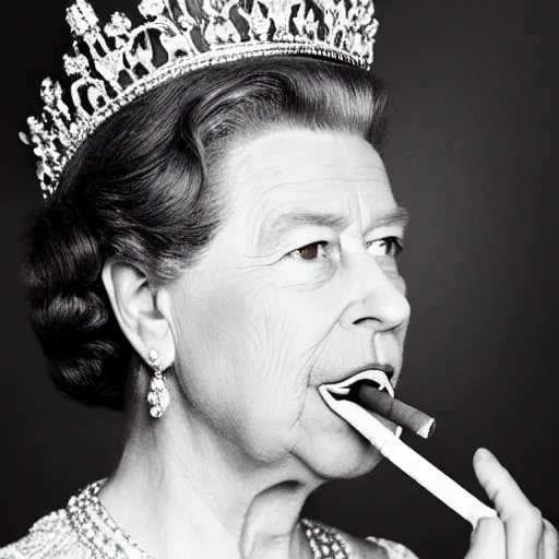 Image similar to portrait of the queen of england with a lit cigarette in her mouth while squinting, portrait, medium shot, gentle studio lighting, professional, tasteful