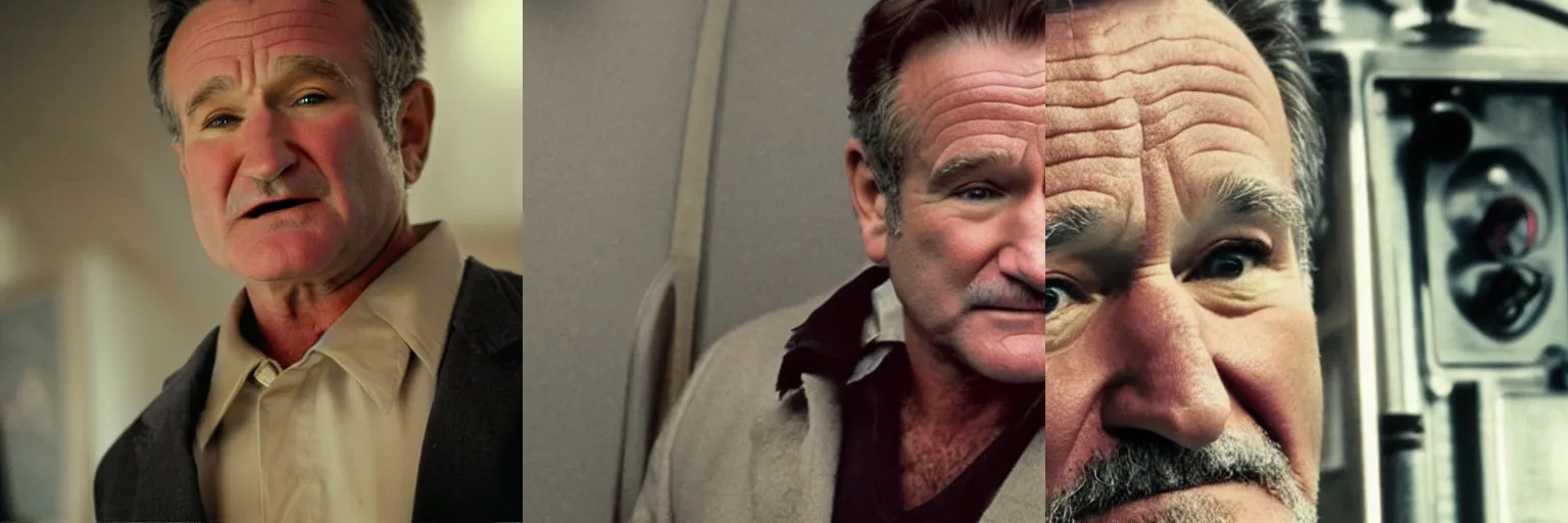 Prompt: close-up of Robin Williams as a detective in a movie directed by Christopher Nolan, movie still frame, promotional image, imax 70 mm footage