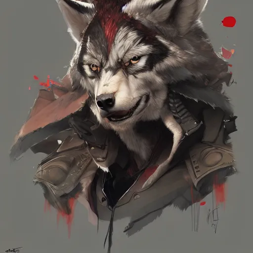 Image similar to concept art of anthropomorphized wolf, highly detailed painting by dustin nguyen, akihiko yoshida, greg tocchini, 4 k, trending on artstation, 8 k