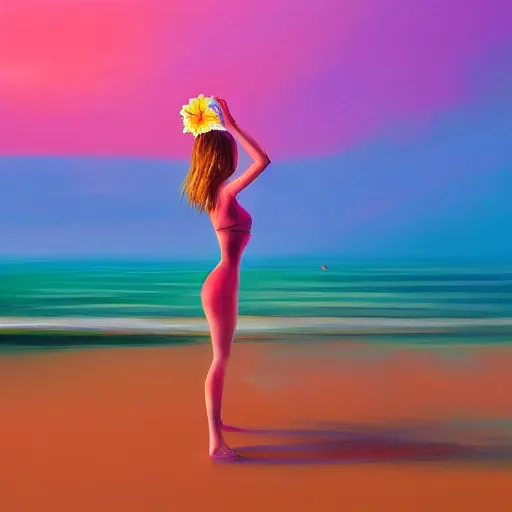 Image similar to portrait, giant rose flower head, girl dancing at the beach, surreal photography, sunrise, blue sky, dramatic light, impressionist painting, digital painting, artstation, simon stalenhag