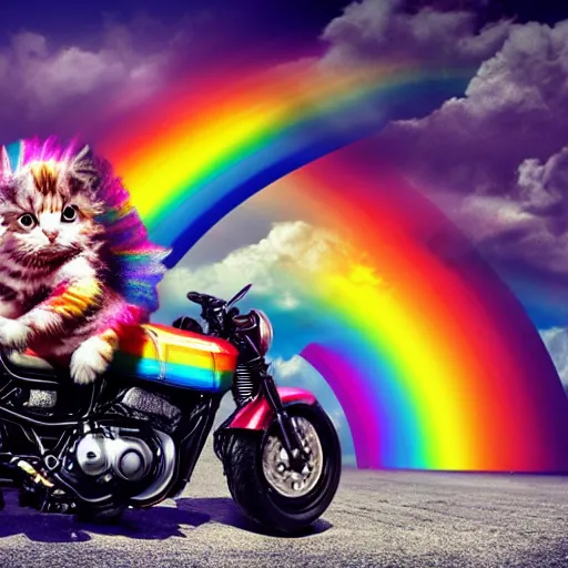 Image similar to wide angle full body, jacket wearing fluffy cute rainbow kitten wearing a black leather motorcycle jacket, riding on a motorcycle, cinematic concept art