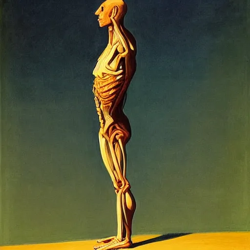 Prompt: biomechanical human raising his hands into the sky by edward hopper