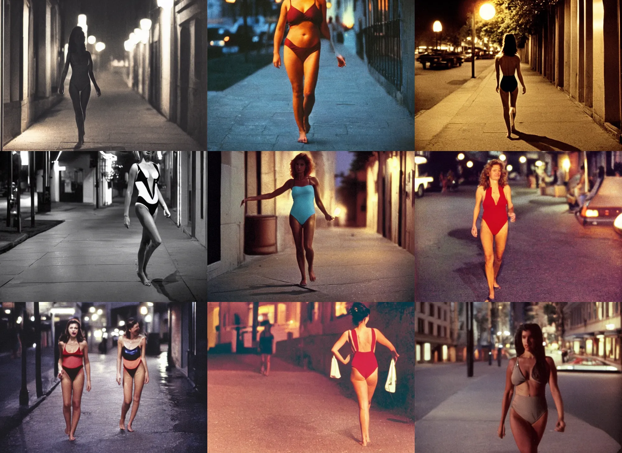 Prompt: color outdoor photograph portrait of a woman in swimsuit walking in the city, night, summer, dramatic lighting, 1 9 9 0 photo from live magazine.