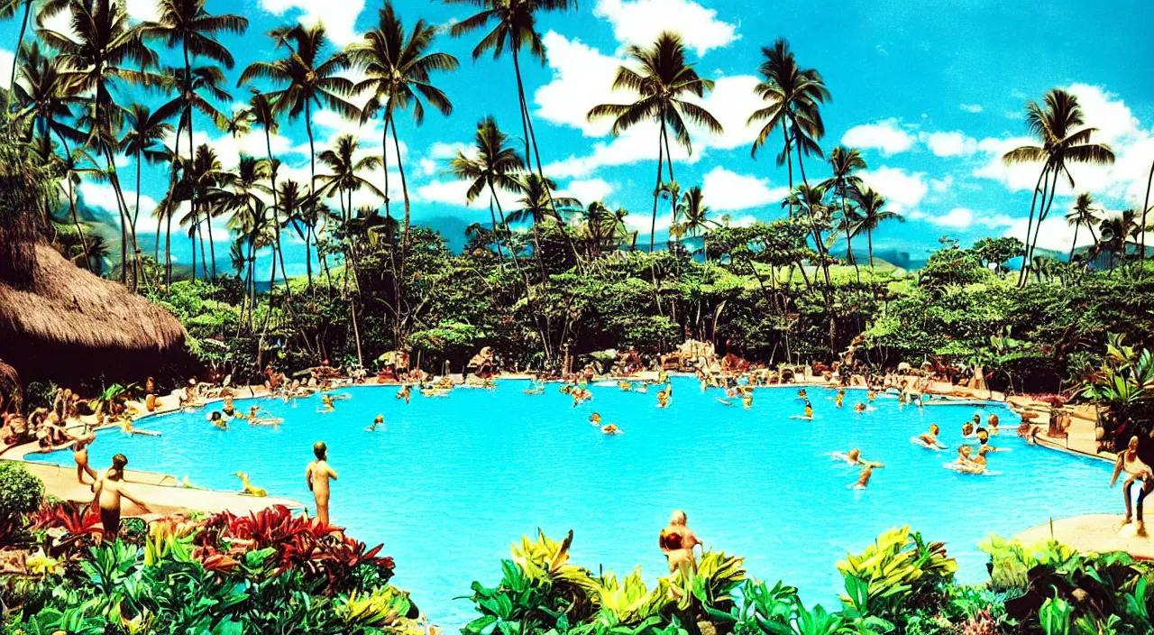 Image similar to a beautiful day at a Hawaiian pool,colorised,photograph