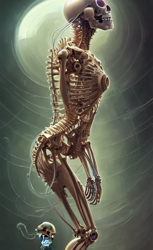 Image similar to Cyborg biomechanical jellyfish skeleton, sci-fi, highly detailed, digital painting, artstation, concept art, smooth, sharp focus, illustration, art by artgerm and greg rutkowski and alphonse mucha