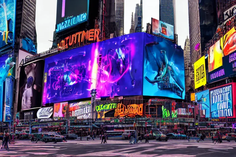 Image similar to a billboard on times square, screen show concert poster, band name is tripmachine, realistic digital art, on the screen is a 3 d render of a huge futuristic steampunk generator, 8 k, fluorescent colors, halluzinogenic, multicolored, exaggerated detailed, unreal engine, 8 0 mm