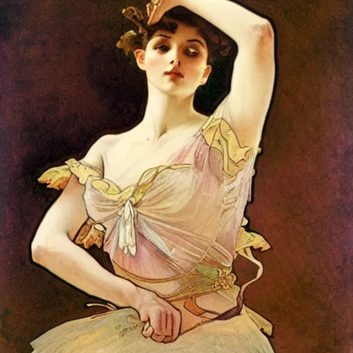 Image similar to ballerina, painted by alphonse mucha