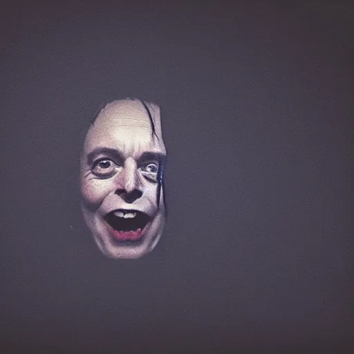 Prompt: dark photo of dark blue rainy bedroom window at night, dimly lit creepy ( ( ( ( ( contorted distorted ) ) ) ) ) screaming face of elon musk staring in through the window, white demonic eyes, horror, scary, 4 k, sweaty, face, demonic face,