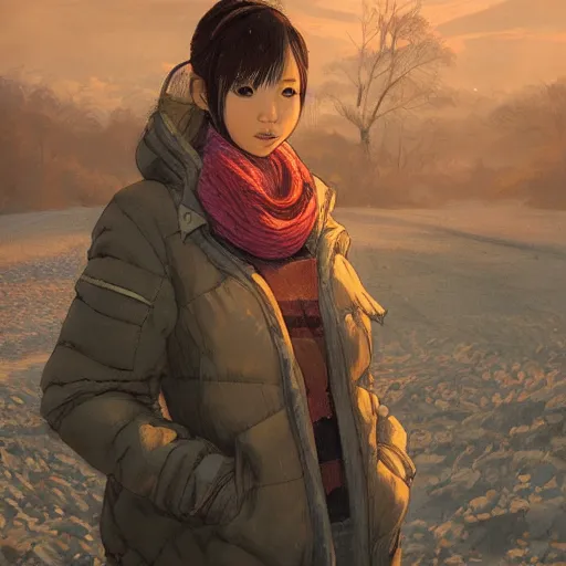 Prompt: the portrait a beautiful grocery young asia woman in down jacket, with a goose ， the background is dust earth road ， river winter an snow, illustration by kim jung gi, irakli nadar, bright colors, octopath traveler, wenjun lin, unreal engine 5 highly rendered, global illumination, radiant light, detailed and intricate environment