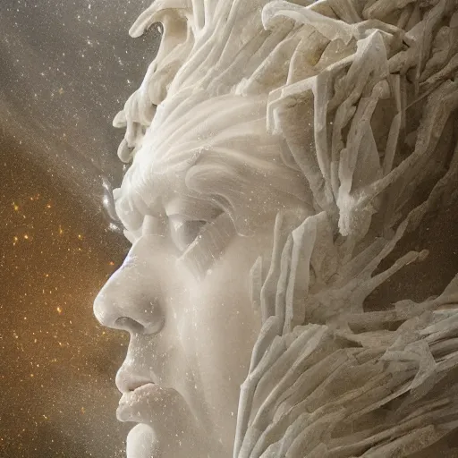 Image similar to realistic digital painting of a stunning intricate cracked white marble falling angel with face of donald trump bernini sculpture, trailing white vapor, mycelium stands and misty xparticles neutral tone background, trending on artstation, hyperrealism, matte painting, subsurface scattering