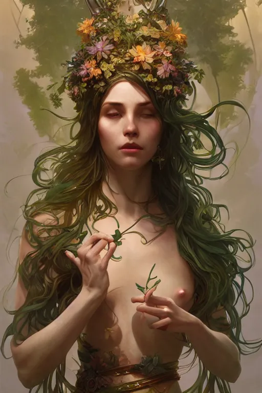 Prompt: goddess of nature, accurate anatomy, only two hands, highly detailed, digital painting, artstation, concept art, smooth, sharp focus, illustration, Unreal Engine 5, 8K, art by Ross Tran and greg rutkowski and alphonse Mucha