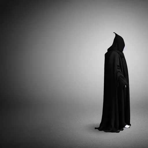 Prompt: a dark cloak with a handgun sticking out of the top where the head should be