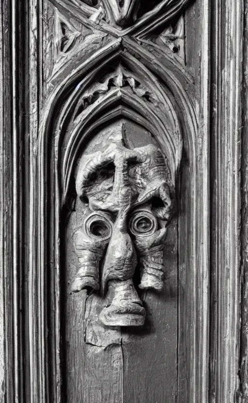 Image similar to door with carved sinister face head. cast iron. gothic medieval baroque. symmetry. epic. ominous shapes. hyper detailed. photoreal